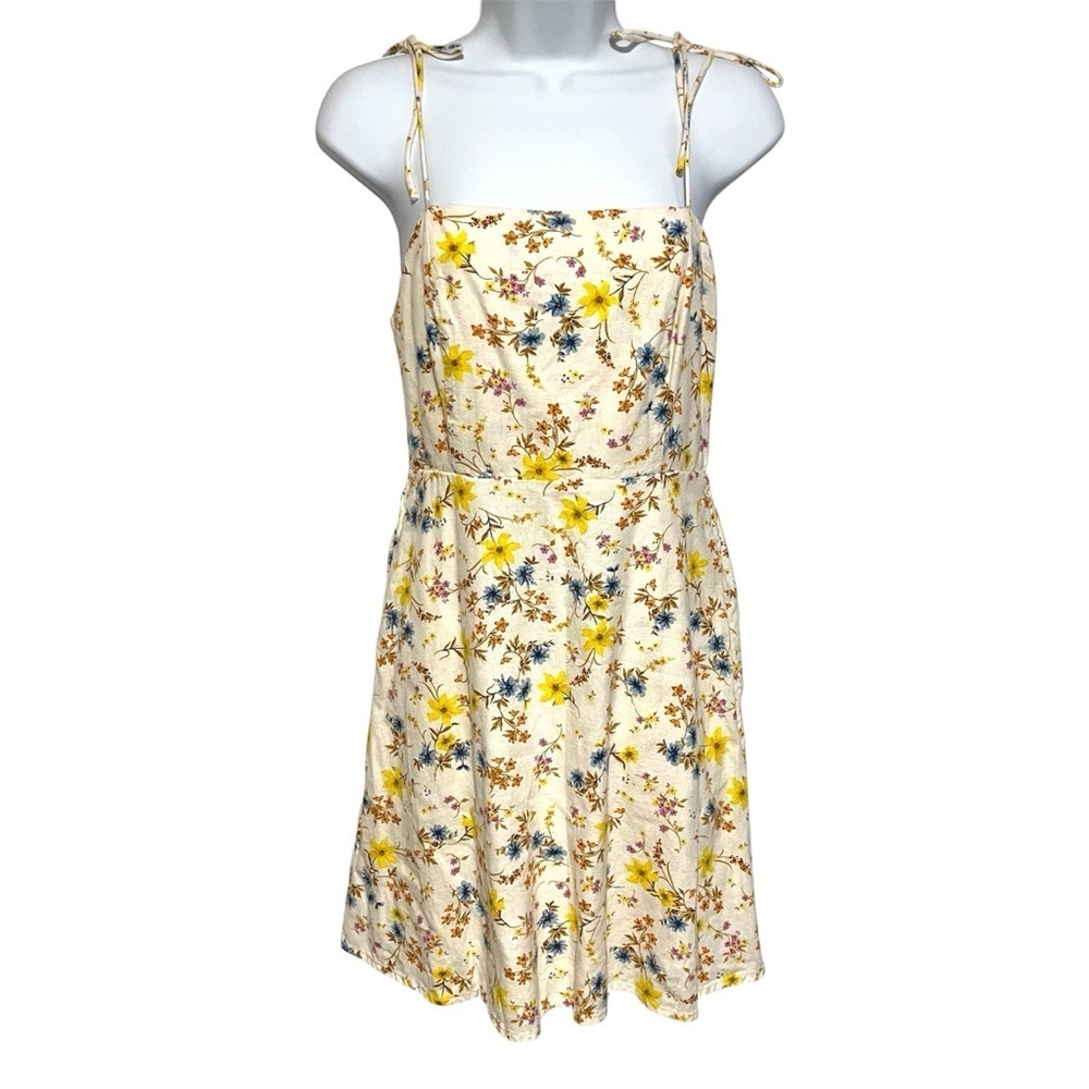 Linen Floral Mini Dress Fit & Flare Tie-Strap Size Small Pockets Sundress
